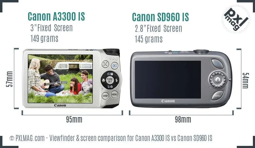 Canon A3300 IS vs Canon SD960 IS Screen and Viewfinder comparison
