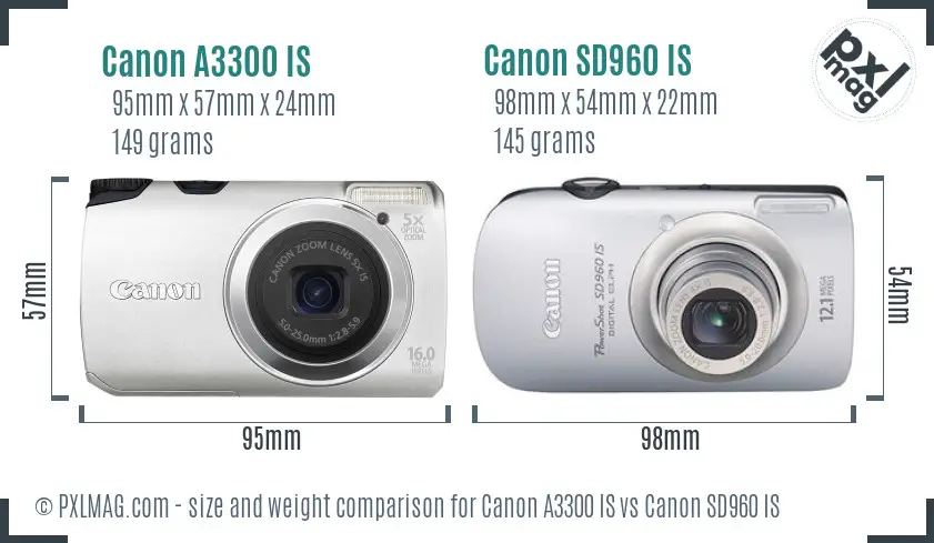 Canon A3300 IS vs Canon SD960 IS size comparison