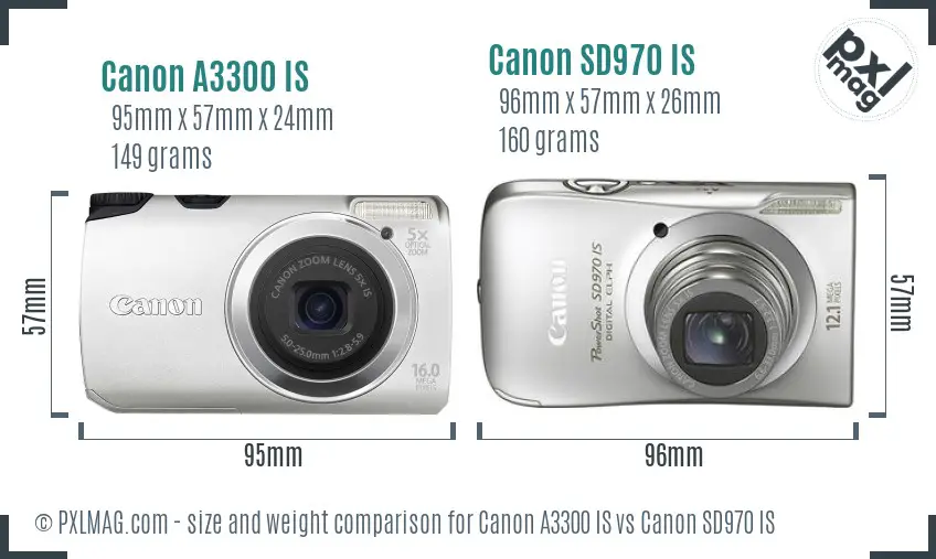 Canon A3300 IS vs Canon SD970 IS size comparison Canon A3300 IS vs Canon SD970 IS size comparison