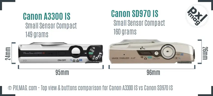 Canon A3300 IS vs Canon SD970 IS top view buttons comparison Canon A3300 IS vs Canon SD970 IS top view buttons comparison