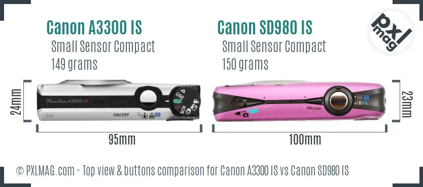 Canon A3300 IS vs Canon SD980 IS top view buttons comparison
