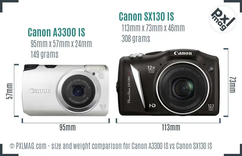 Canon A3300 IS vs Canon SX130 IS size comparison Canon A3300 IS vs Canon SX130 IS size comparison