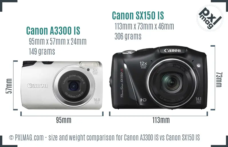 Canon A3300 IS vs Canon SX150 IS size comparison