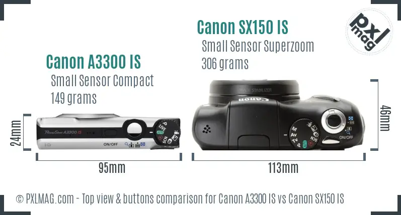 Canon A3300 IS vs Canon SX150 IS top view buttons comparison