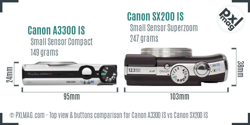 Canon A3300 IS vs Canon SX200 IS top view buttons comparison Canon A3300 IS vs Canon SX200 IS top view buttons comparison