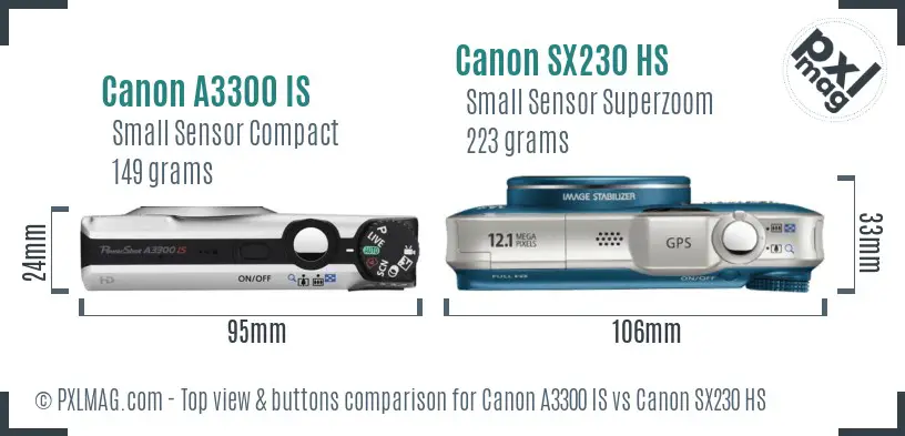 Canon A3300 IS vs Canon SX230 HS top view buttons comparison Canon A3300 IS vs Canon SX230 HS top view buttons comparison