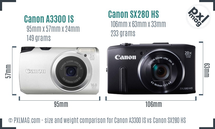 Canon A3300 IS vs Canon SX280 HS size comparison