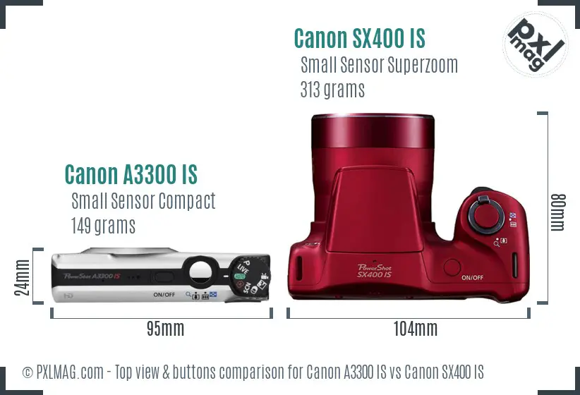 Canon A3300 IS vs Canon SX400 IS top view buttons comparison