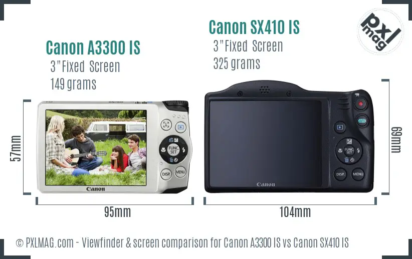 Canon A3300 IS vs Canon SX410 IS Screen and Viewfinder comparison