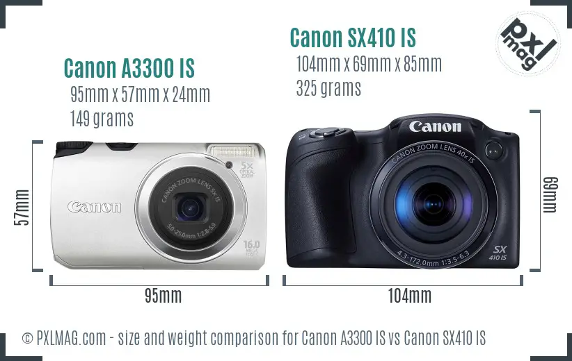 Canon A3300 IS vs Canon SX410 IS size comparison