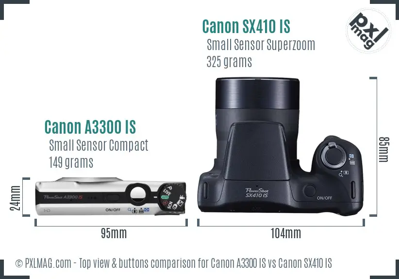 Canon A3300 IS vs Canon SX410 IS top view buttons comparison