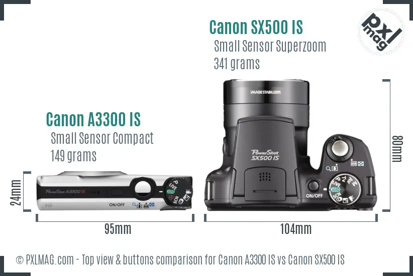 Canon A3300 IS vs Canon SX500 IS top view buttons comparison