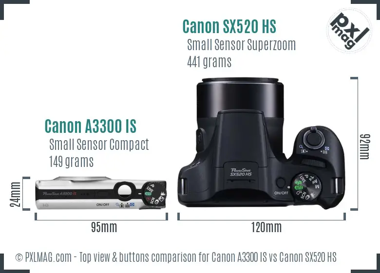 Canon A3300 IS vs Canon SX520 HS top view buttons comparison