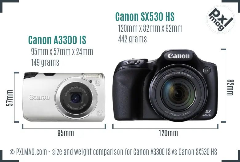 Canon A3300 IS vs Canon SX530 HS size comparison