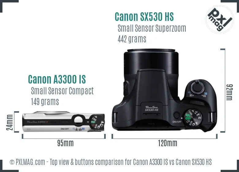 Canon A3300 IS vs Canon SX530 HS top view buttons comparison