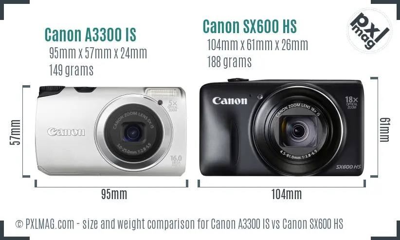 Canon A3300 IS vs Canon SX600 HS size comparison