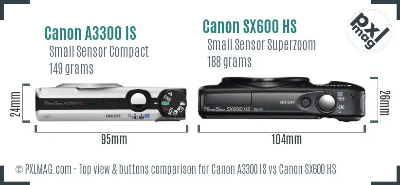 Canon A3300 IS vs Canon SX600 HS top view buttons comparison