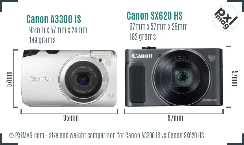 Canon A3300 IS vs Canon SX620 HS size comparison