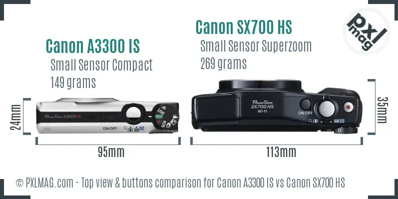 Canon A3300 IS vs Canon SX700 HS top view buttons comparison