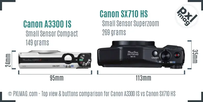 Canon A3300 IS vs Canon SX710 HS top view buttons comparison