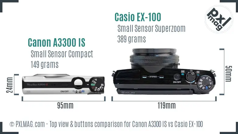 Canon A3300 IS vs Casio EX-100 top view buttons comparison