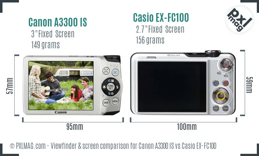 Canon A3300 IS vs Casio EX-FC100 Screen and Viewfinder comparison