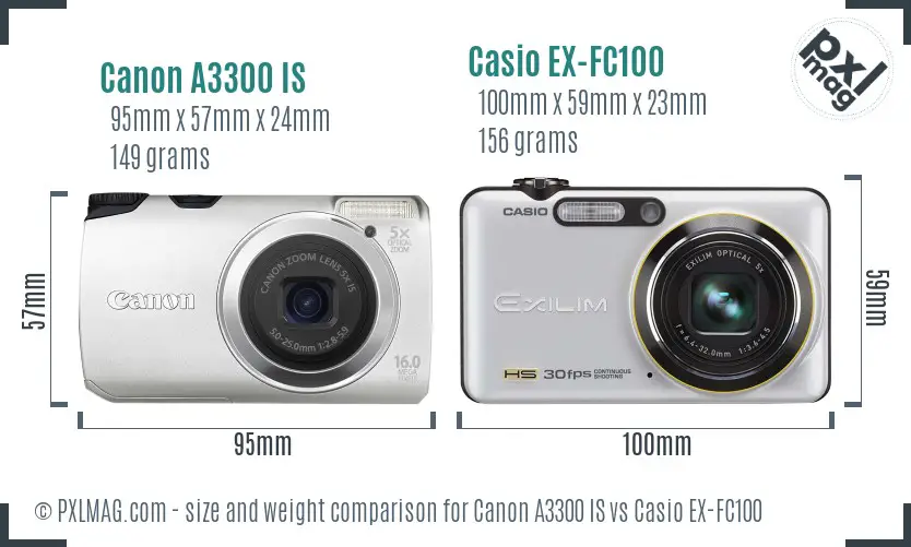 Canon A3300 IS vs Casio EX-FC100 size comparison