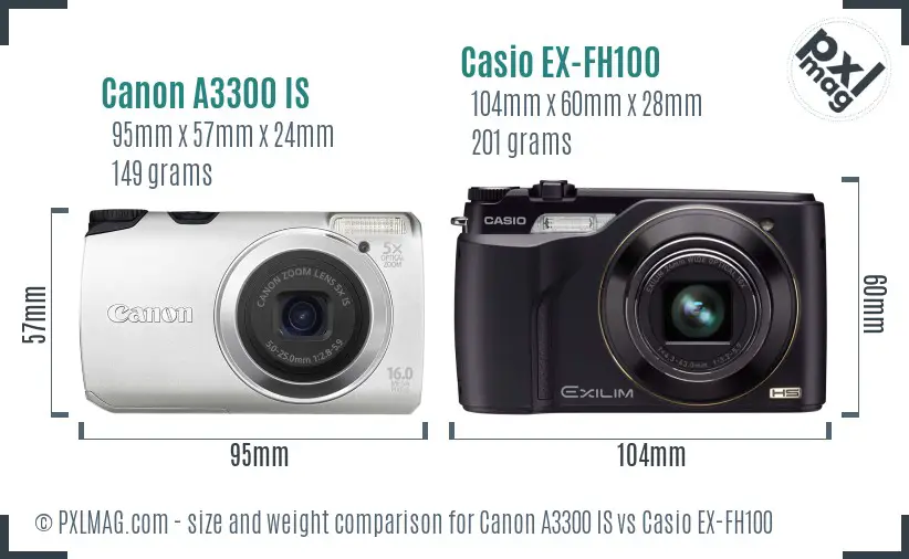 Canon A3300 IS vs Casio EX-FH100 size comparison Canon A3300 IS vs Casio EX-FH100 size comparison
