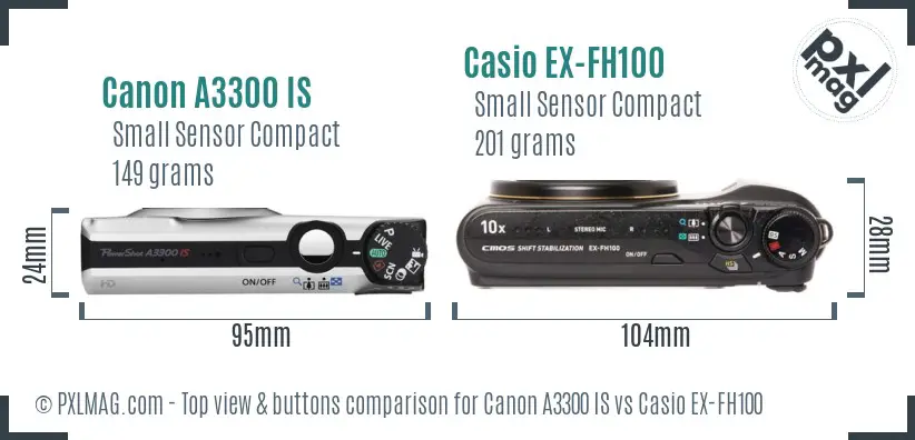 Canon A3300 IS vs Casio EX-FH100 top view buttons comparison Canon A3300 IS vs Casio EX-FH100 top view buttons comparison