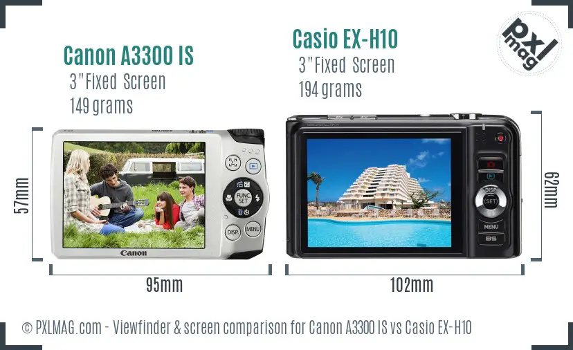 Canon A3300 IS vs Casio EX-H10 Screen and Viewfinder comparison