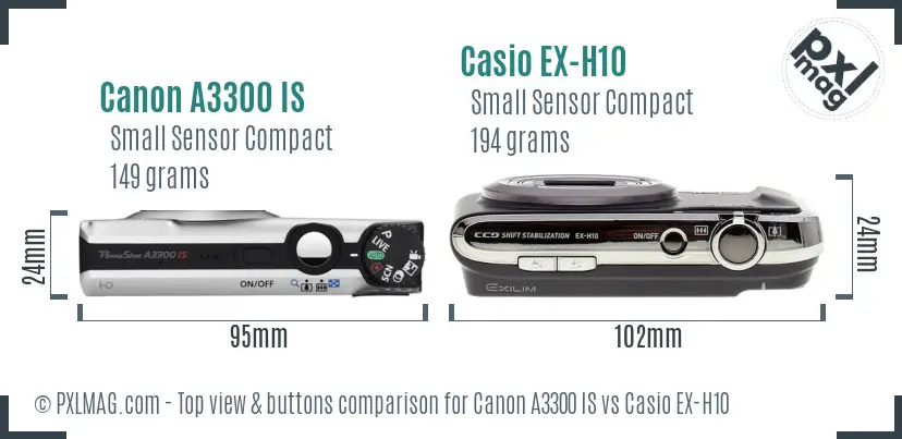 Canon A3300 IS vs Casio EX-H10 top view buttons comparison
