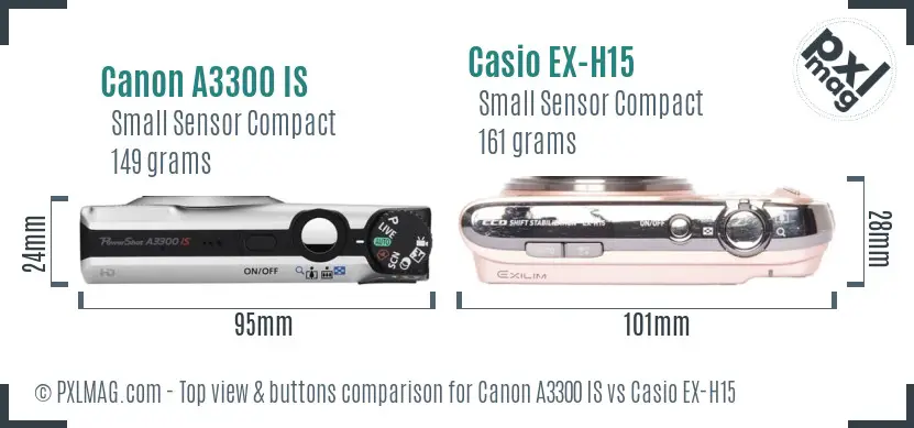 Canon A3300 IS vs Casio EX-H15 top view buttons comparison