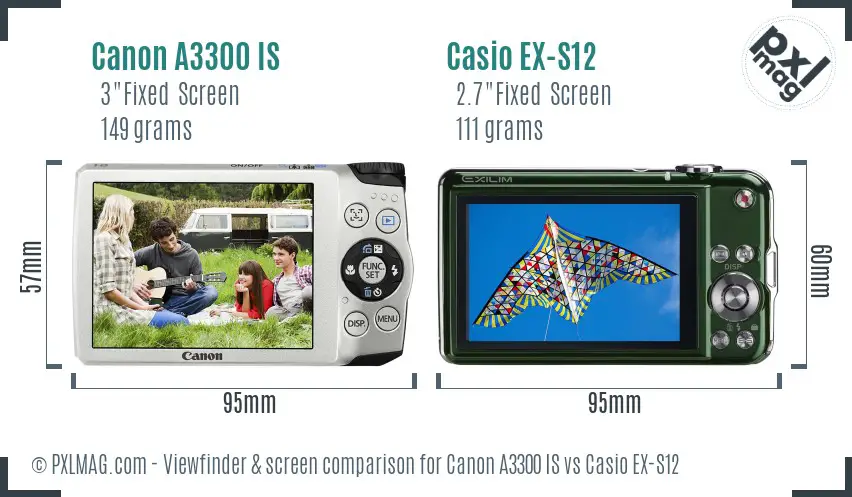 Canon A3300 IS vs Casio EX-S12 Screen and Viewfinder comparison