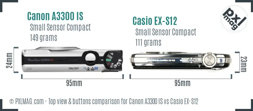 Canon A3300 IS vs Casio EX-S12 top view buttons comparison