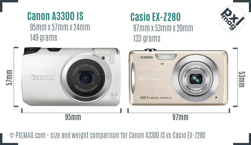 Canon A3300 IS vs Casio EX-Z280 size comparison