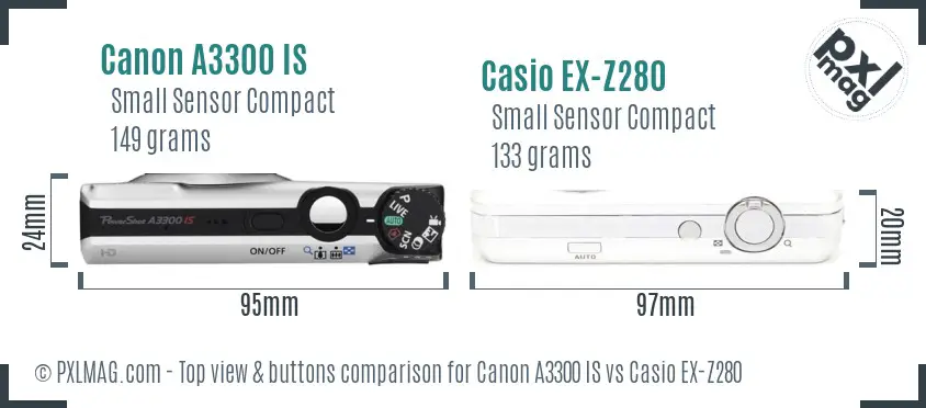 Canon A3300 IS vs Casio EX-Z280 top view buttons comparison