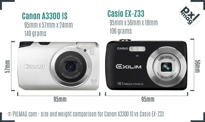 Canon A3300 IS vs Casio EX-Z33 size comparison
