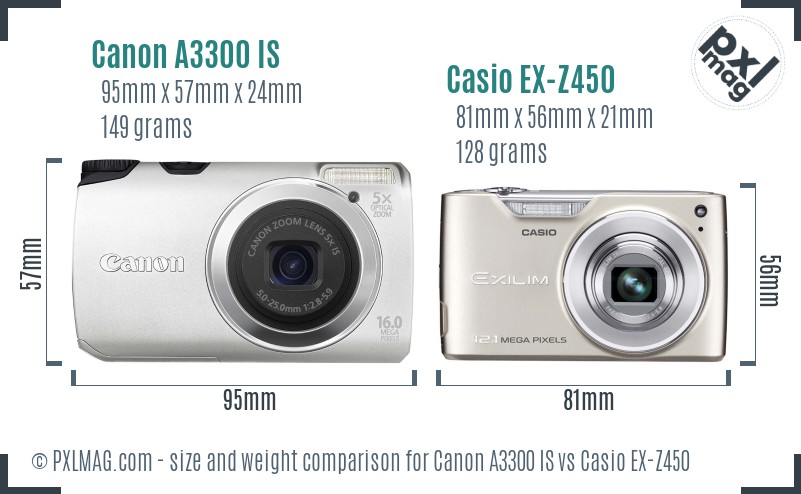 Canon A3300 IS vs Casio EX-Z450 size comparison