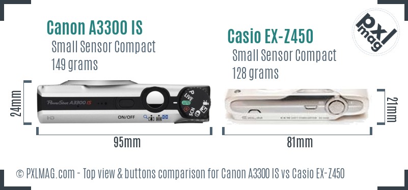 Canon A3300 IS vs Casio EX-Z450 top view buttons comparison