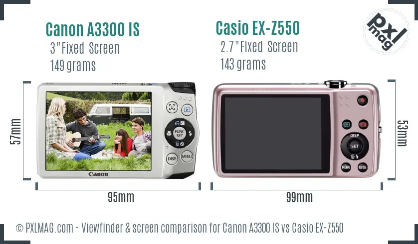 Canon A3300 IS vs Casio EX-Z550 Screen and Viewfinder comparison