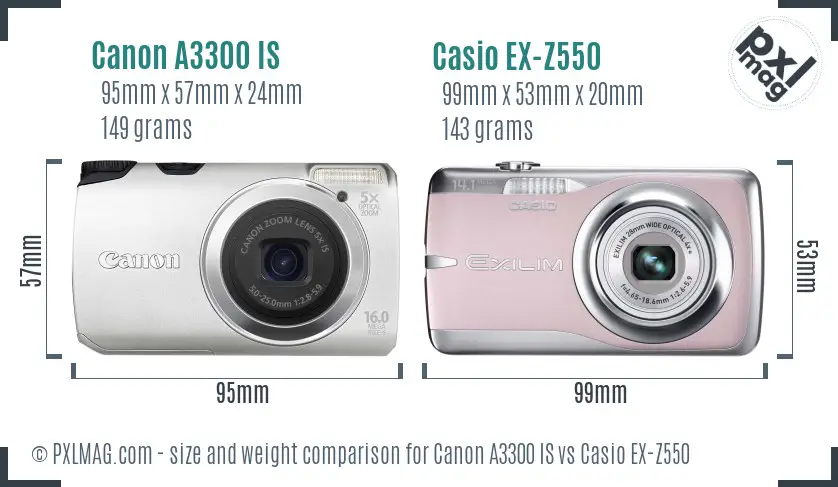 Canon A3300 IS vs Casio EX-Z550 size comparison
