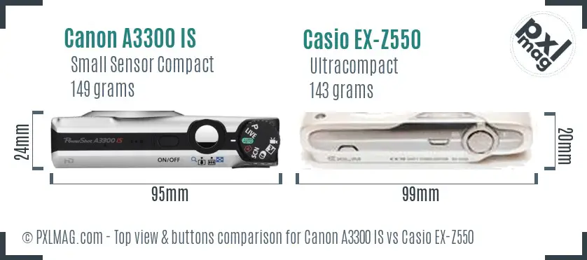 Canon A3300 IS vs Casio EX-Z550 top view buttons comparison