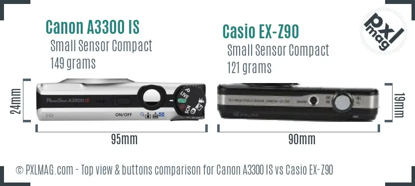 Canon A3300 IS vs Casio EX-Z90 top view buttons comparison Canon A3300 IS vs Casio EX-Z90 top view buttons comparison