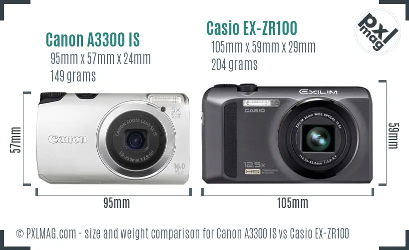 Canon A3300 IS vs Casio EX-ZR100 size comparison