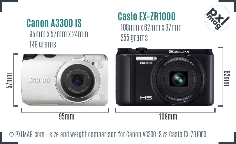 Canon A3300 IS vs Casio EX-ZR1000 size comparison Canon A3300 IS vs Casio EX-ZR1000 size comparison