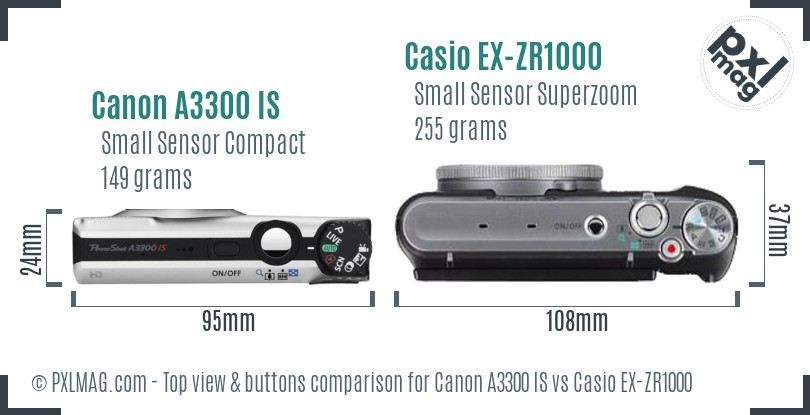 Canon A3300 IS vs Casio EX-ZR1000 top view buttons comparison