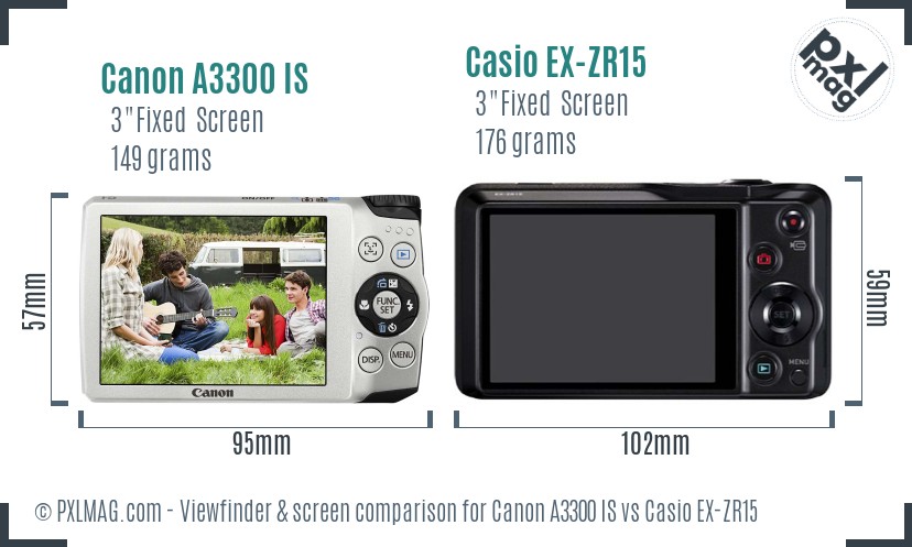 Canon A3300 IS vs Casio EX-ZR15 Screen and Viewfinder comparison