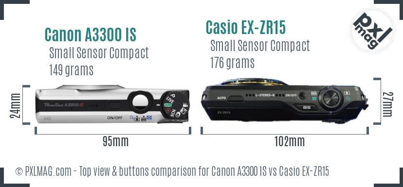 Canon A3300 IS vs Casio EX-ZR15 top view buttons comparison