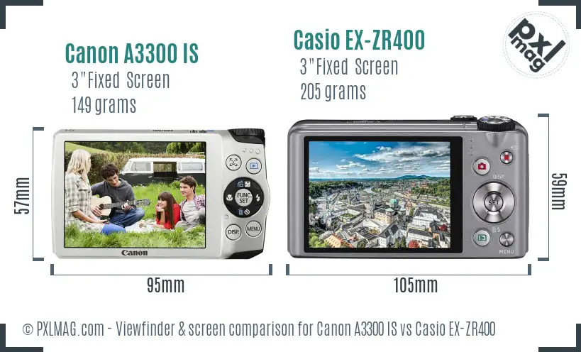 Canon A3300 IS vs Casio EX-ZR400 Screen and Viewfinder comparison
