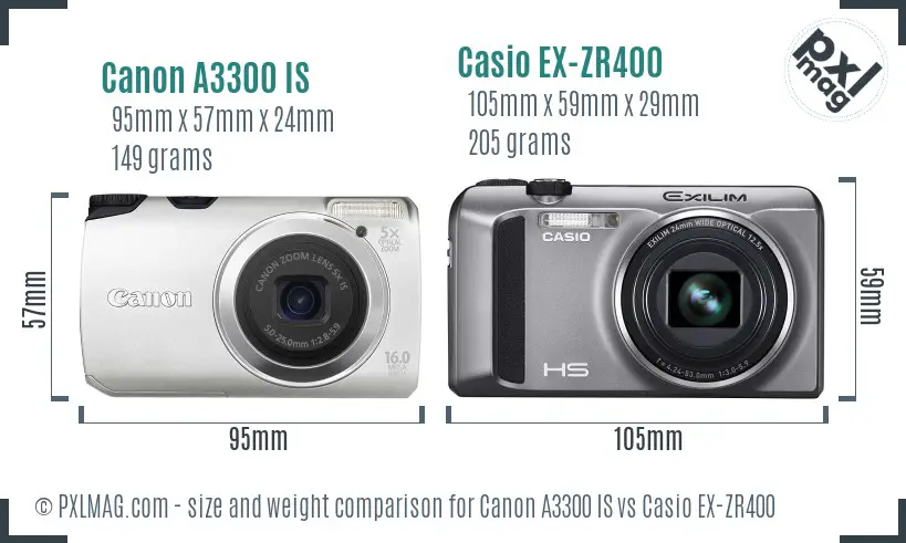 Canon A3300 IS vs Casio EX-ZR400 size comparison